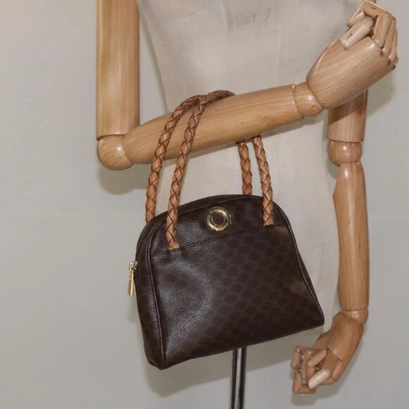 CELINE Macadam Canvas Hand Bag PVC Leather Brown Auth